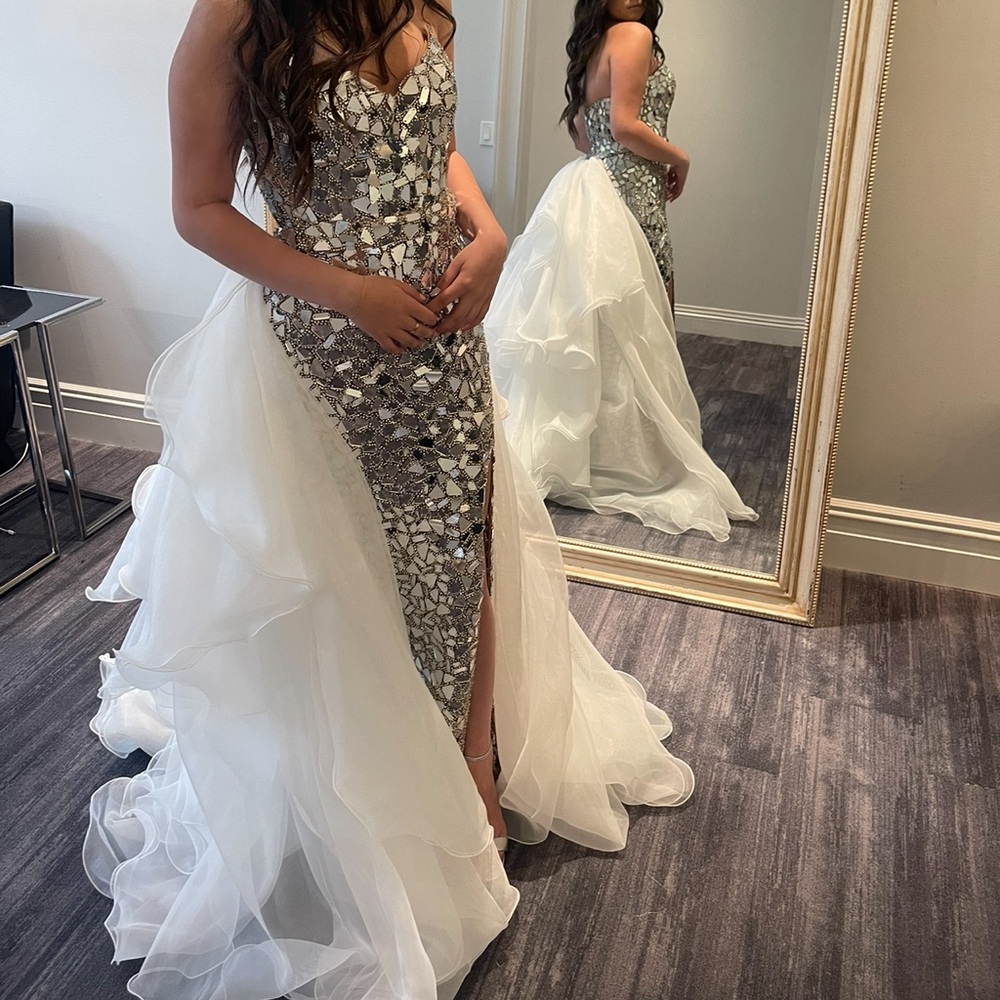 Portia & Scarlett cut mirror long gown with custom detachable train